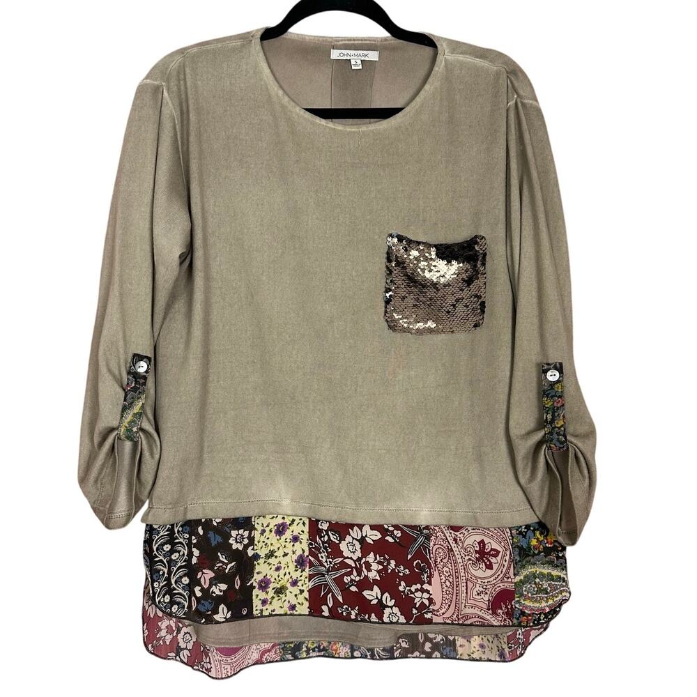 JOHN MARK Womens Mixed Media Tan Top Sequin Floral Print Size Small S